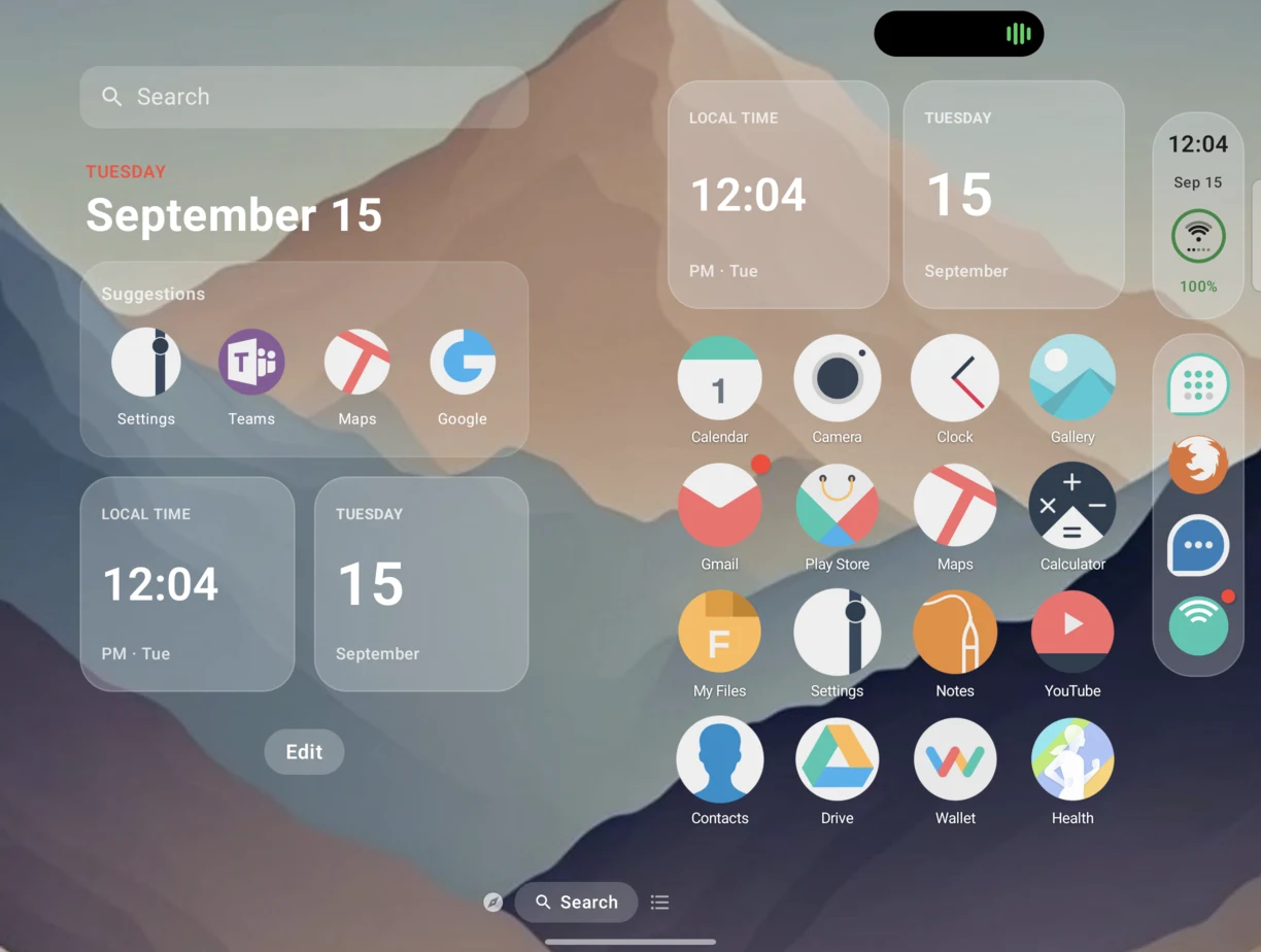 The unfolded inner screen: Today View with search and widgets on the left, Home on the right, and the Side Bar along the edge