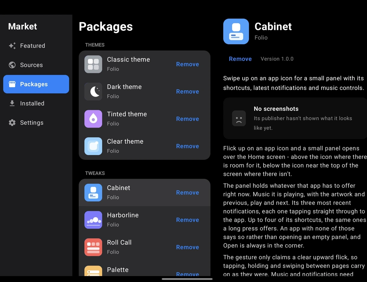 The Market on the unfolded screen: themes and tweaks listed beside a package's own page